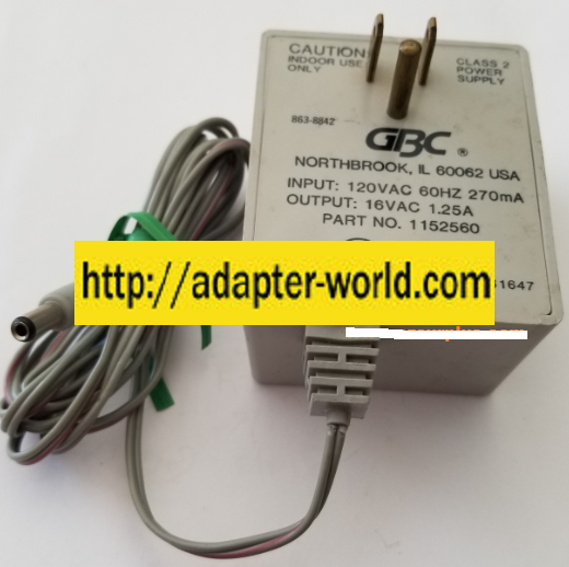 *NEW* GBC 16VAC 1.25A USED 2.5x5.5x12mm ROUND BARREL CLASS 2 1152560 AC ADAPTER POWER SUPPLY